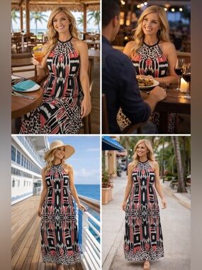 London Style Black and Coral Halter Maxi Dress